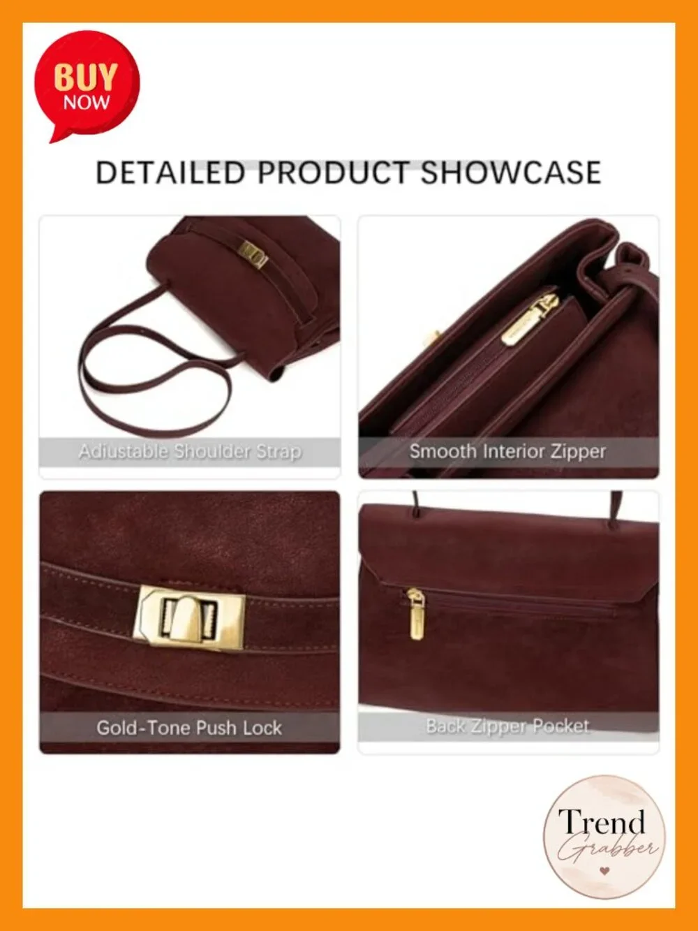 Vintage Suede Shoulder Bag with Gold-Tone Lock, Crossbody Purse for Women